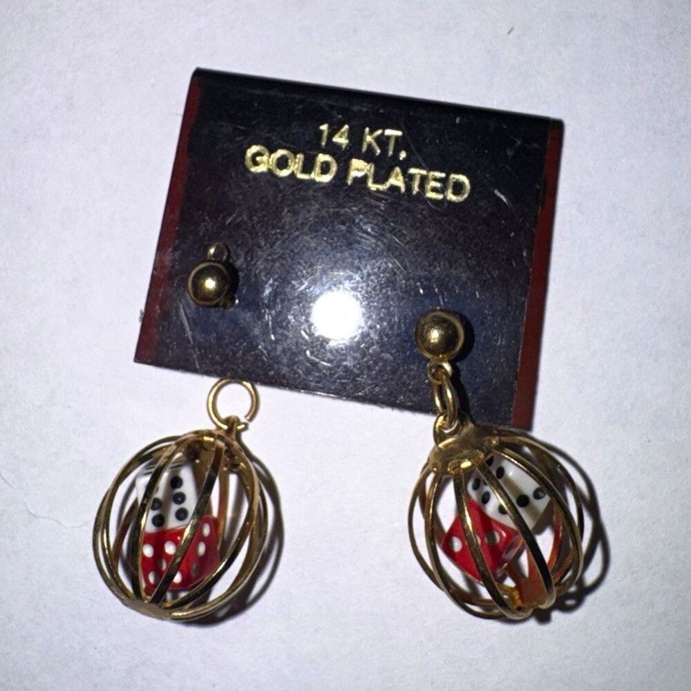 14K Gold Plated Dice Charm Dangle/Drop Earrings Beads Butterfly Closure Lobe